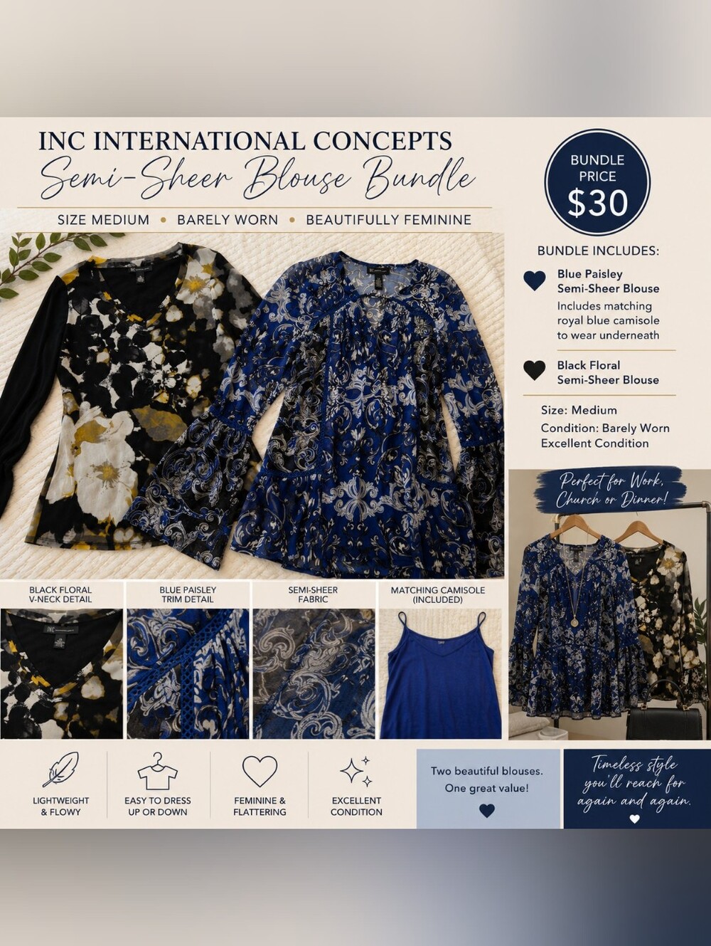 INC International Concepts Semi-Sheer Blouse Bundle | Medium | Blue Top Camisole